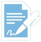 light blue background with white paper and pen icon